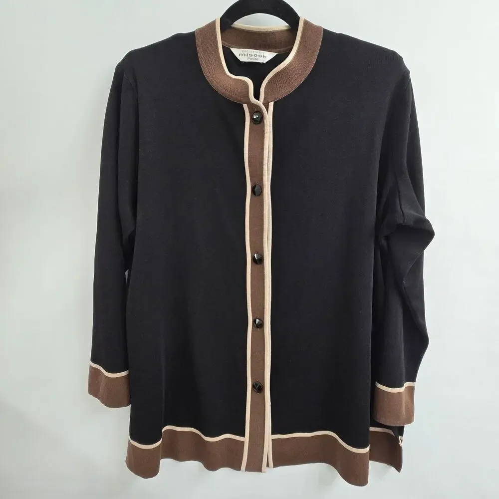 Misook Women’s Sweater Cardigan Black Trim Sz L Workwear Minimalist Lagenlook